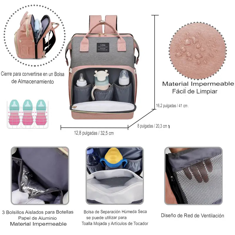 MALETA PAÑALERA🎒+ || CUNA PLEGABLE👶 + CARGADOR USB🔋